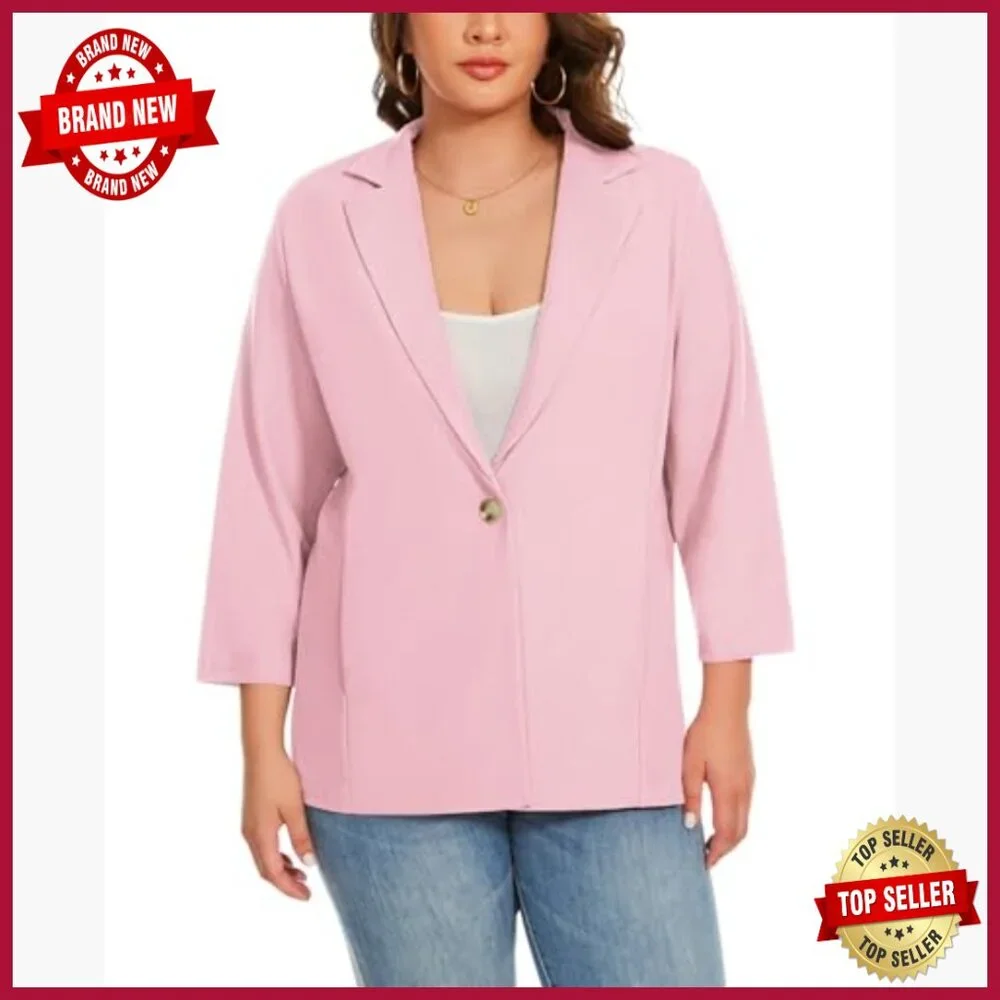 Plus Size 3/4 Sleeve Blazer Notch Lapel Casual Work Jacket XL-5XL - Picture 6 of 7